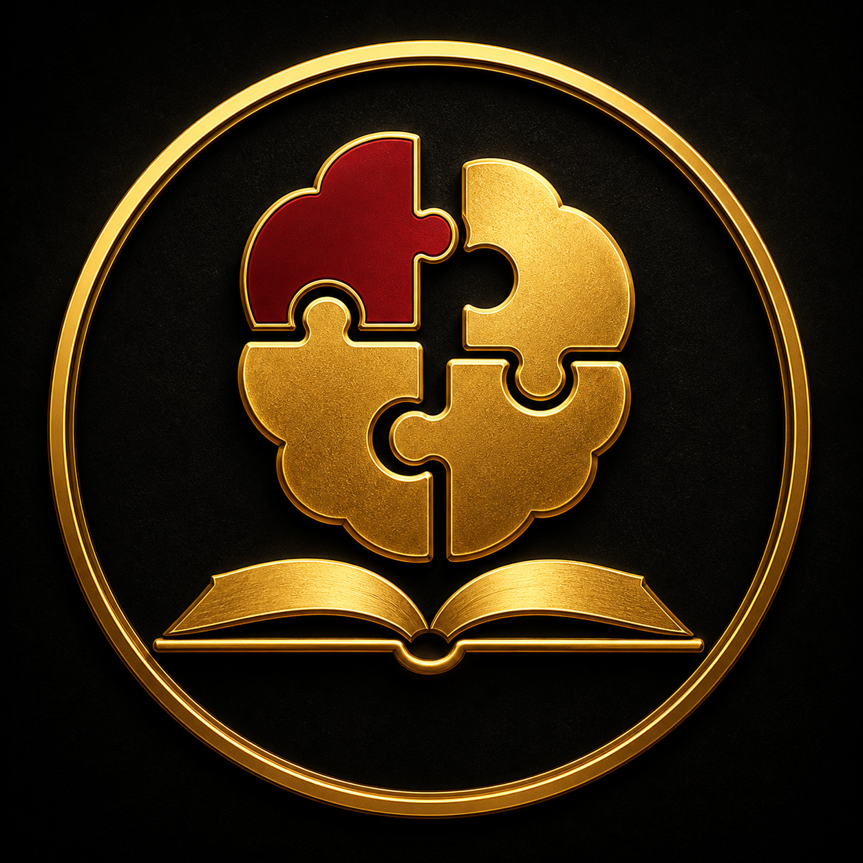 Logo de Filosofía Terapéutica: cerebro de piezas doradas y carmesí sobre un libro abierto